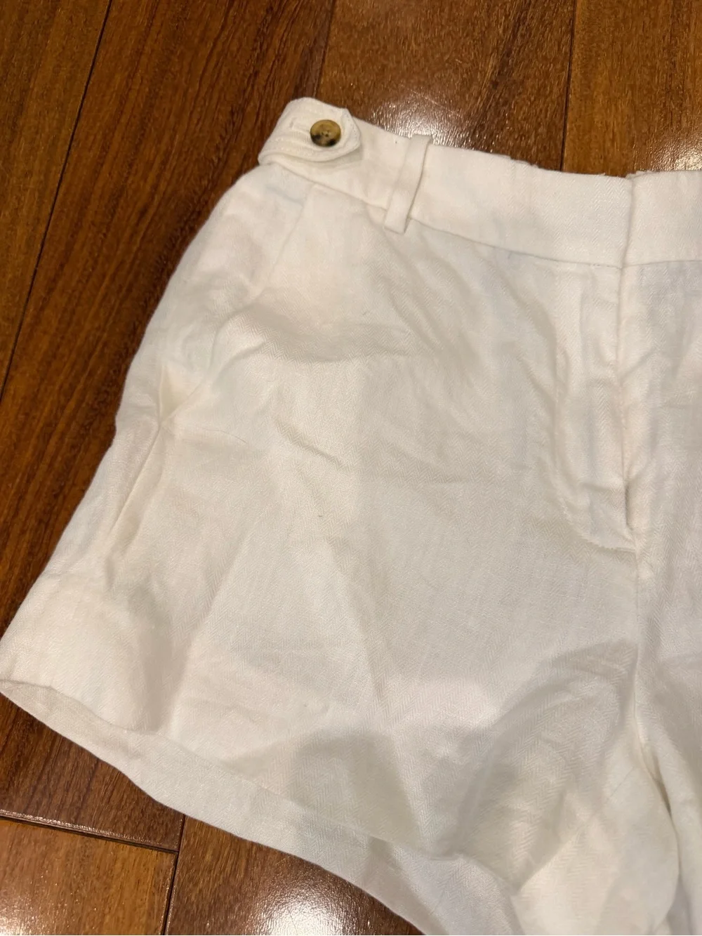 J. Crew White High-Rise Linen Blend Shorts with Button Details